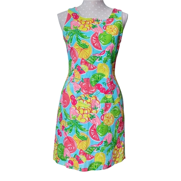 LILLY PULITZER Vintage Mini Dress Tutti Fruity Print Sleeveless Sheath Colorful - Picture 1 of 9